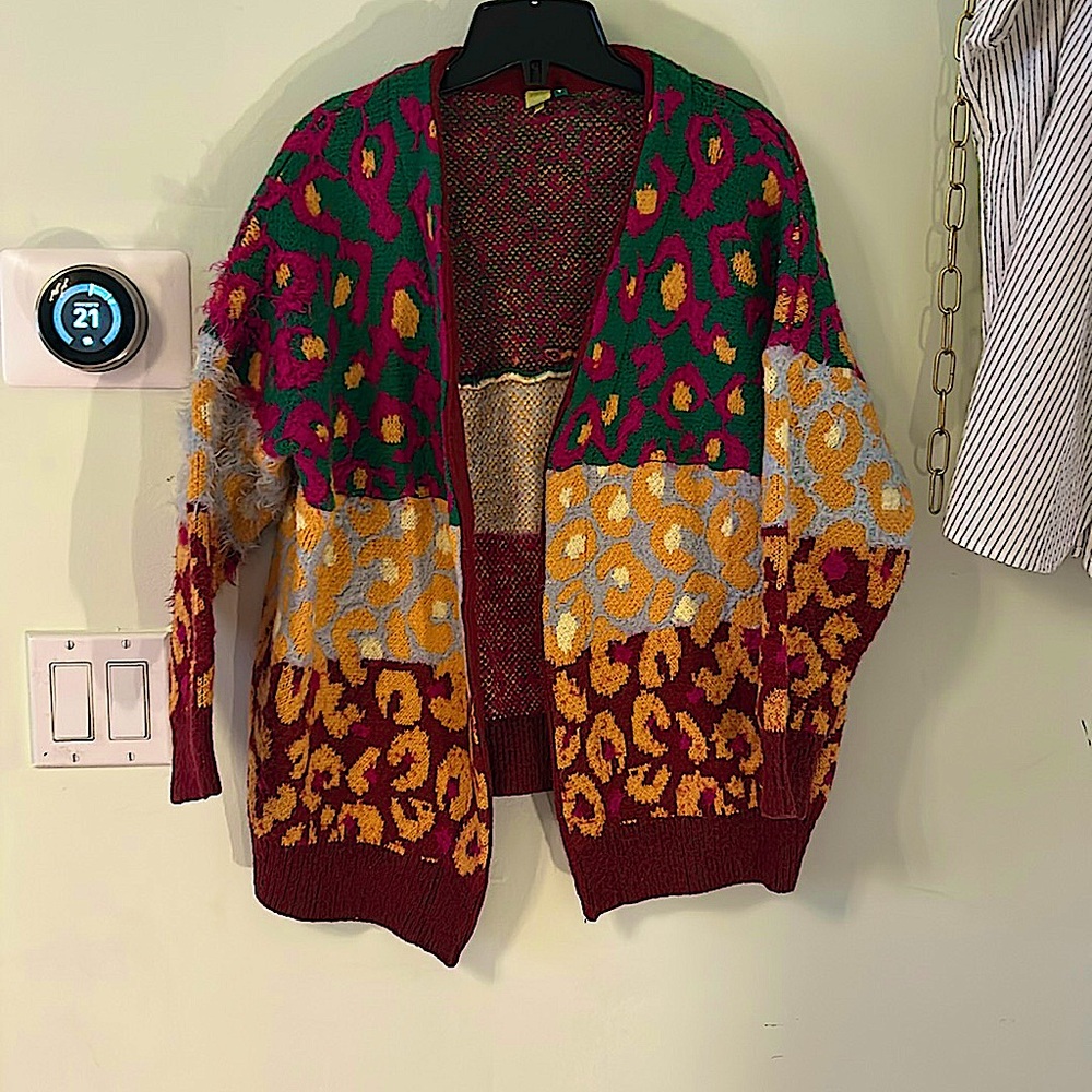 FARM Rio Colorblock Leopard Knit Cardigan - Green, Burgundy, Yellow, Gold